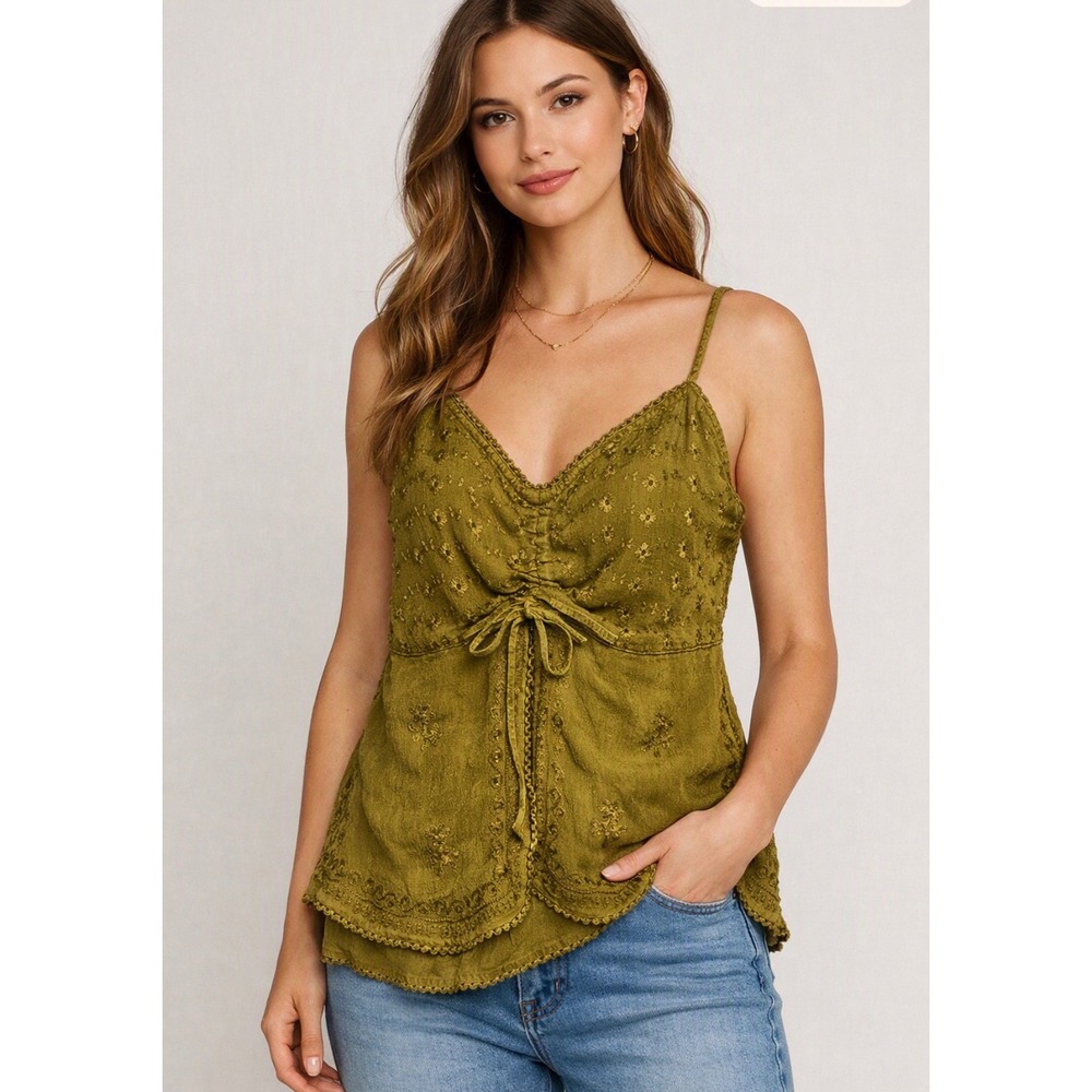 Olive Green Embroidered Boho, Romantic Camisole Top Crochet Trim V-Neck 
Y2K #24